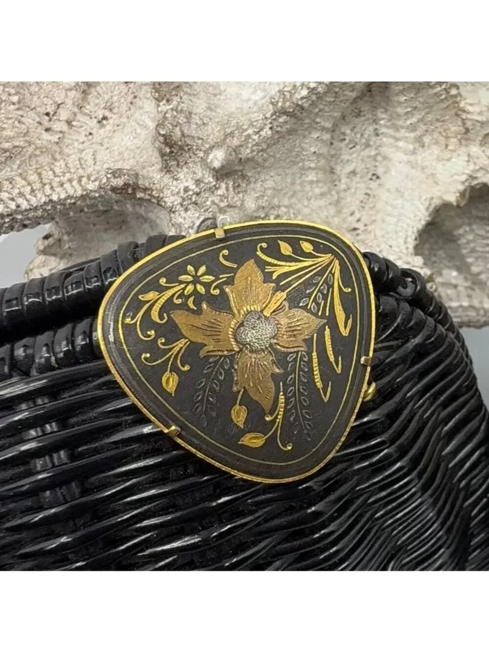 Vintage Toledoware / Damascene Gold & Black Metal Triangular Floral Brooch